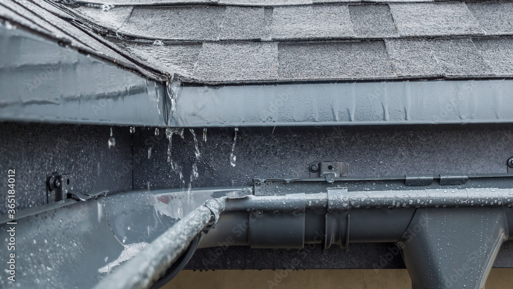 Rain flowing over gutters on a Pacific Northwest roofline